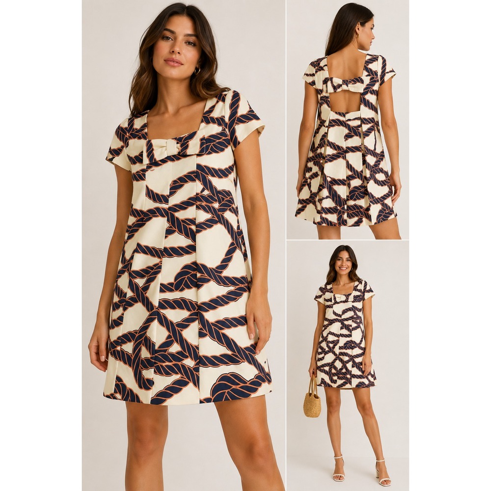 Maeve Shift Dress Womens 10 Cream Navy Orange Excellent Nautical Rope Bow Back